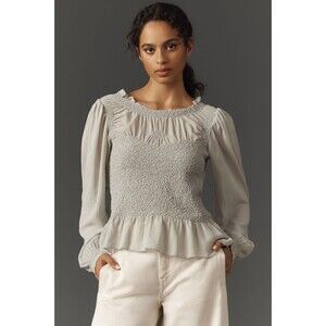 By Anthropologie Balloon-Sleeve Smocked Peplum Blouse Top Long Sleeve XXS 277184